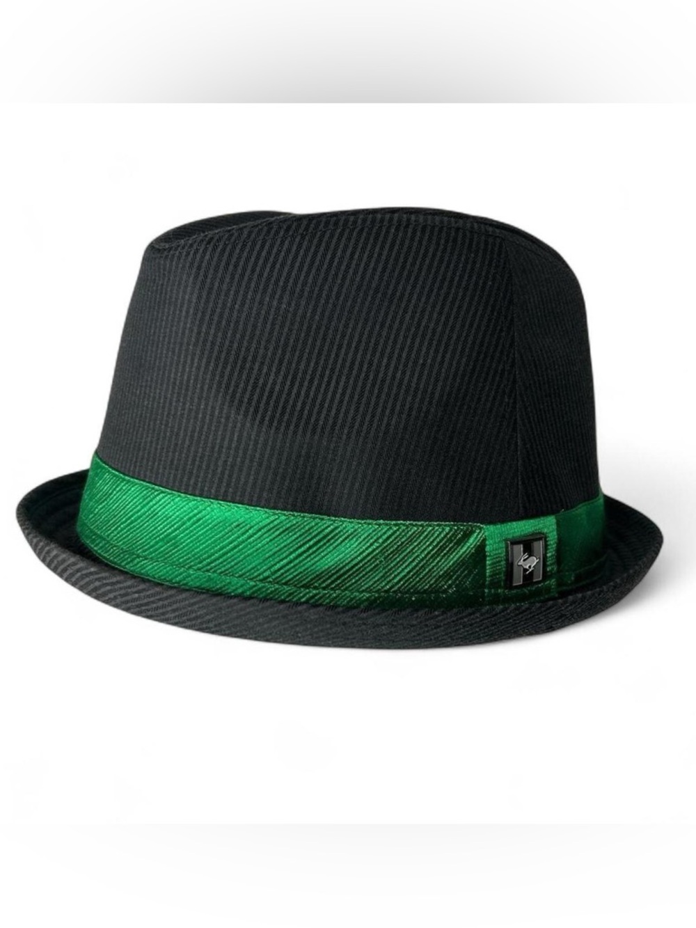 Peter Grimm Charcoal Striped Fedora with Vibrant Green logo Ribbon & Interior